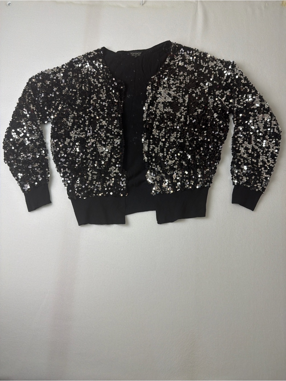 Topshop Black Sequin Bomber Jacket - Women size 6